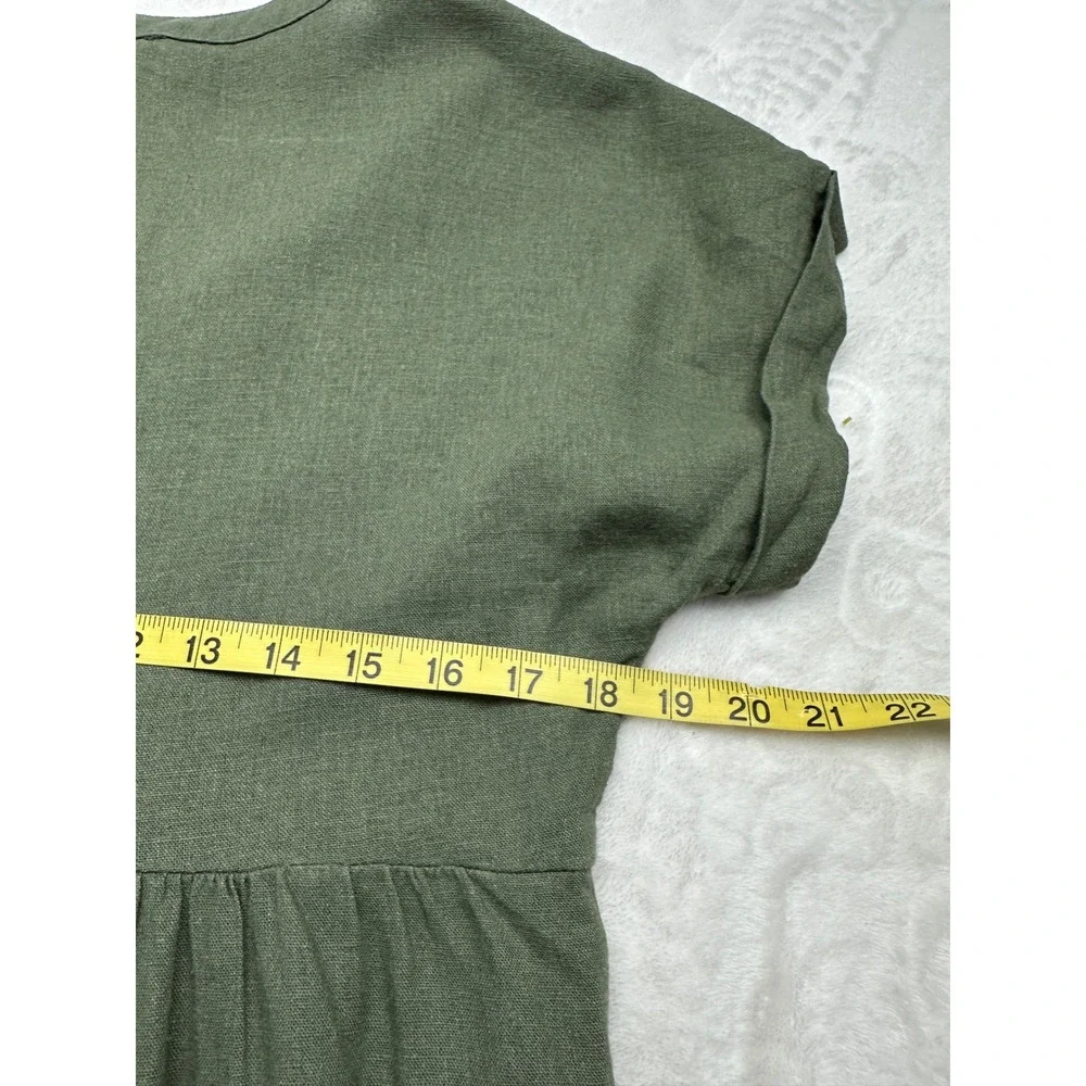 Briggs Linen Blend Dress Womens Small Olive Green V-Neck Cuffed Sleeve Pockets
